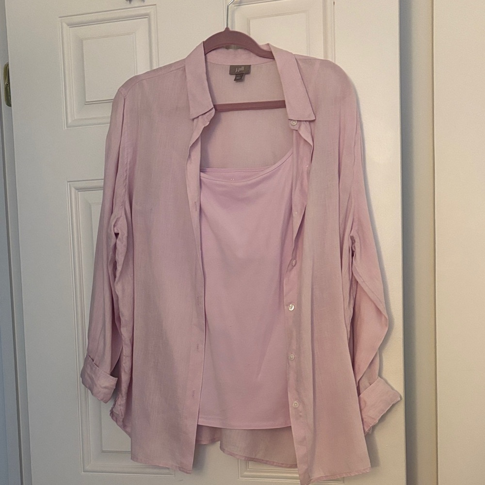 J. Jill 100% Linen Button Down Big Shirt Pink Large